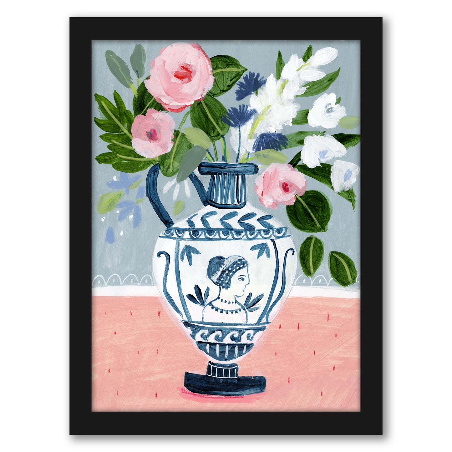 Mykonos Urn Bouquet Blue By Sharon Montgomery - Framed Print