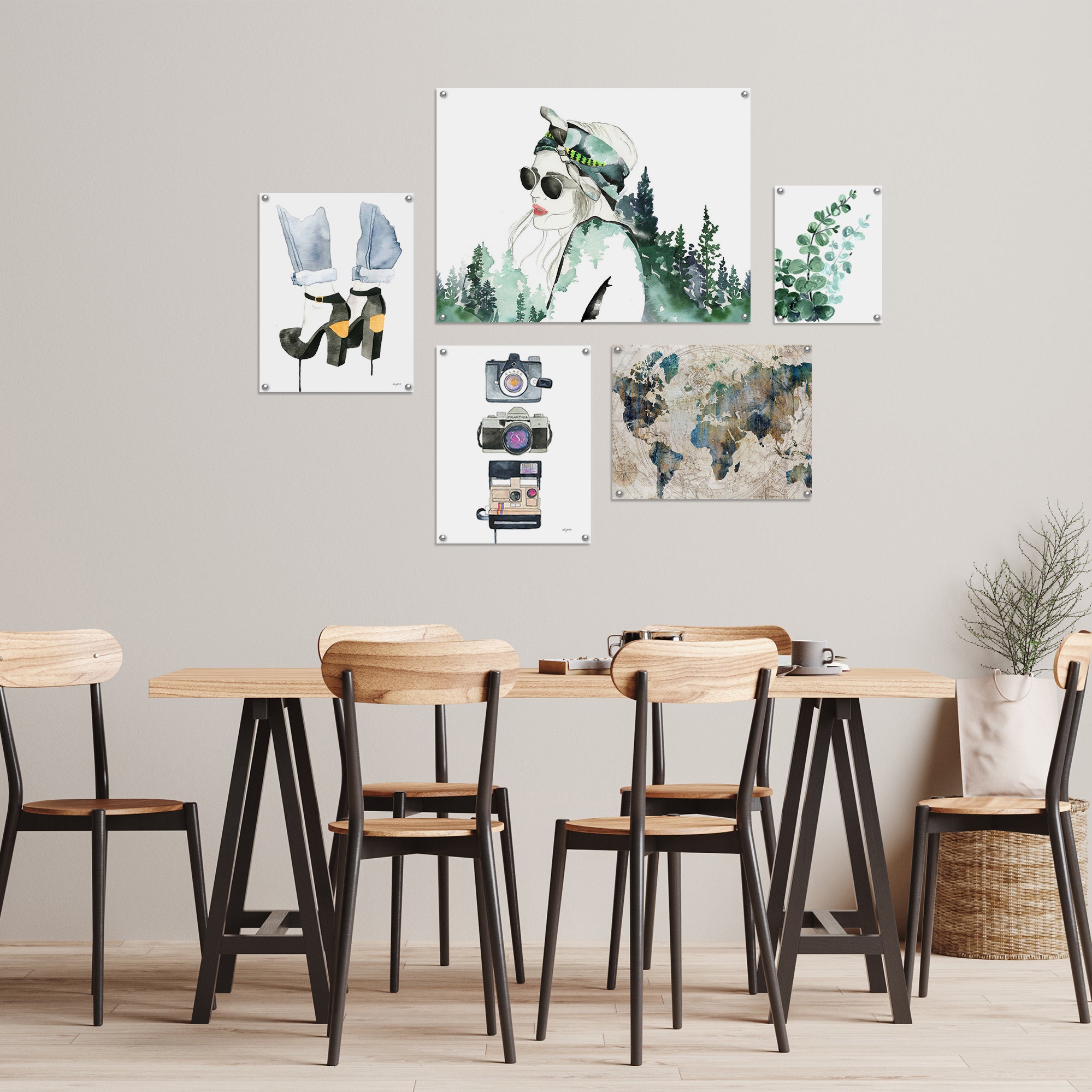 5 Piece Poster Gallery Wall Art Set Watercolor Natural Female Travel