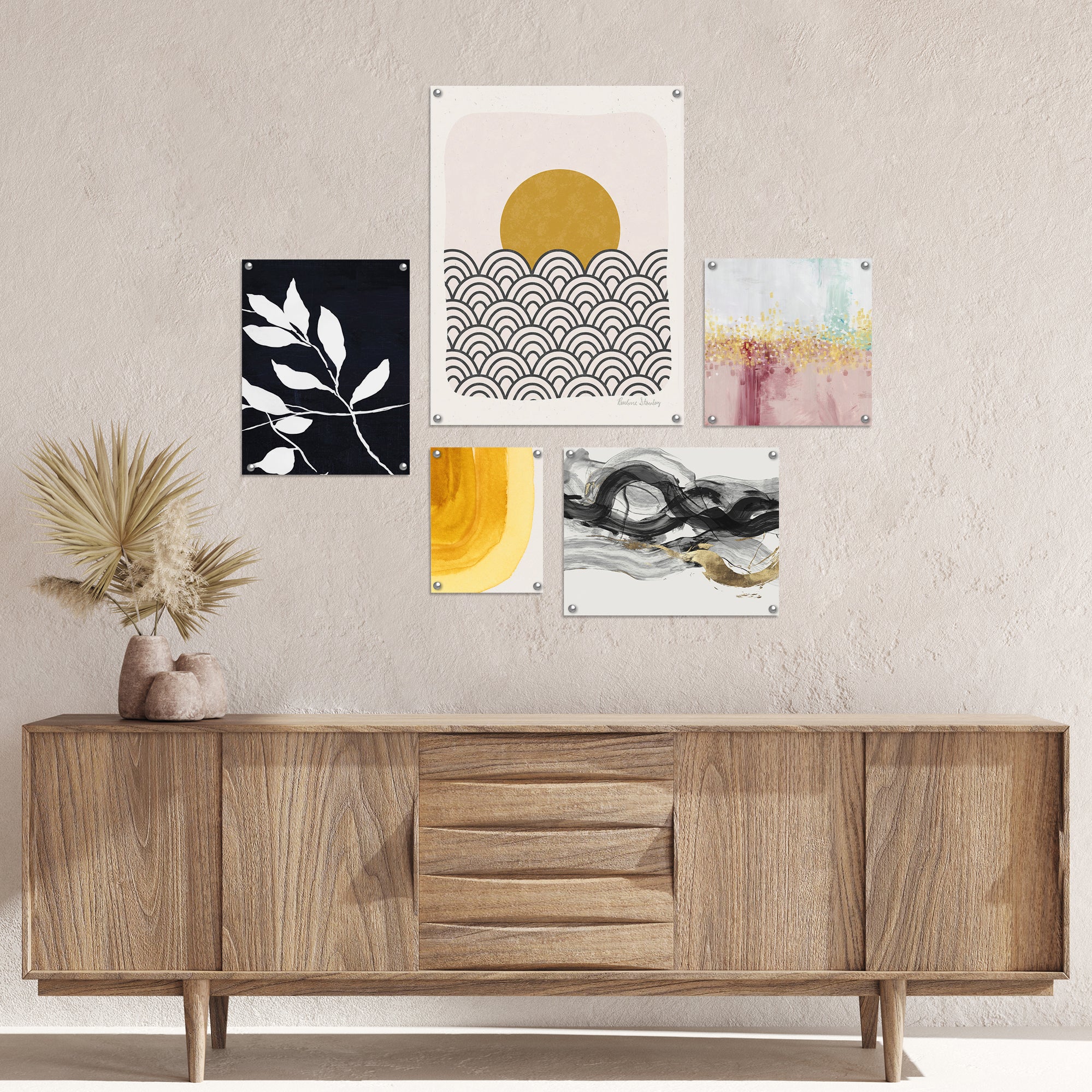 5 Piece Poster Gallery Wall Art Set Black & Gold Abstract Botanical