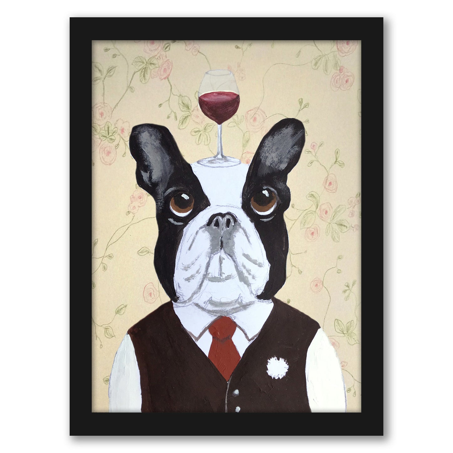 Bulldog With Wineglass By Coco De Paris - Framed Print