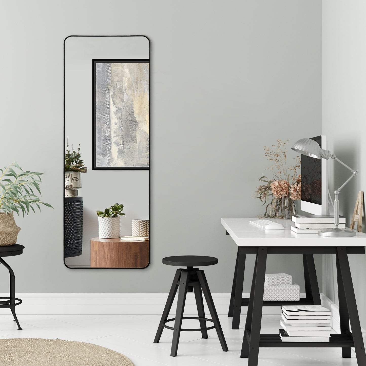 Square Black Frame Mirror with Rounded Corners - Modern Wall Mirror for Bathroom, Bedroom, and Living Room - Framed Mirror with Built-in Hanger