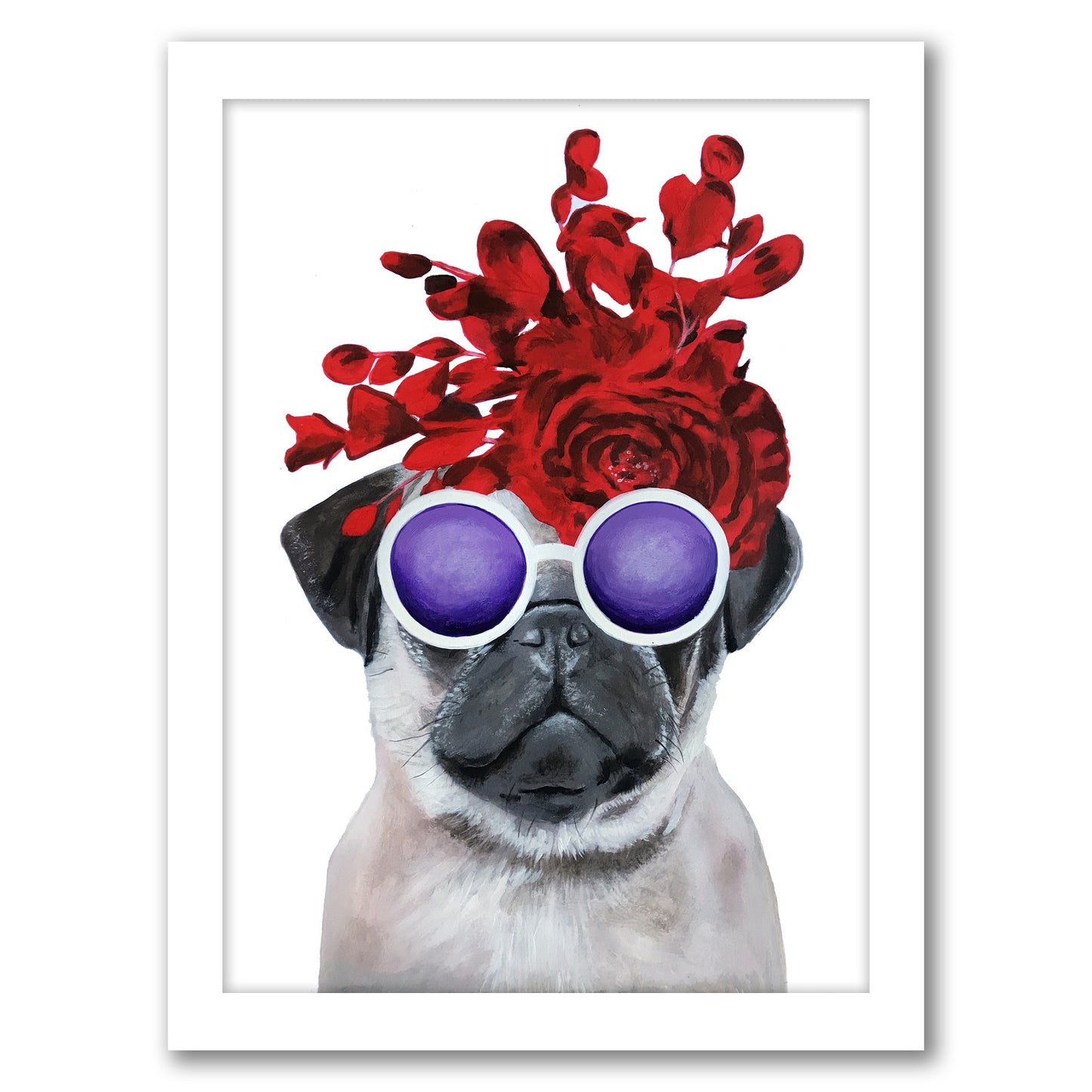 Flower Power Pug White By Coco De Paris - White Framed Print