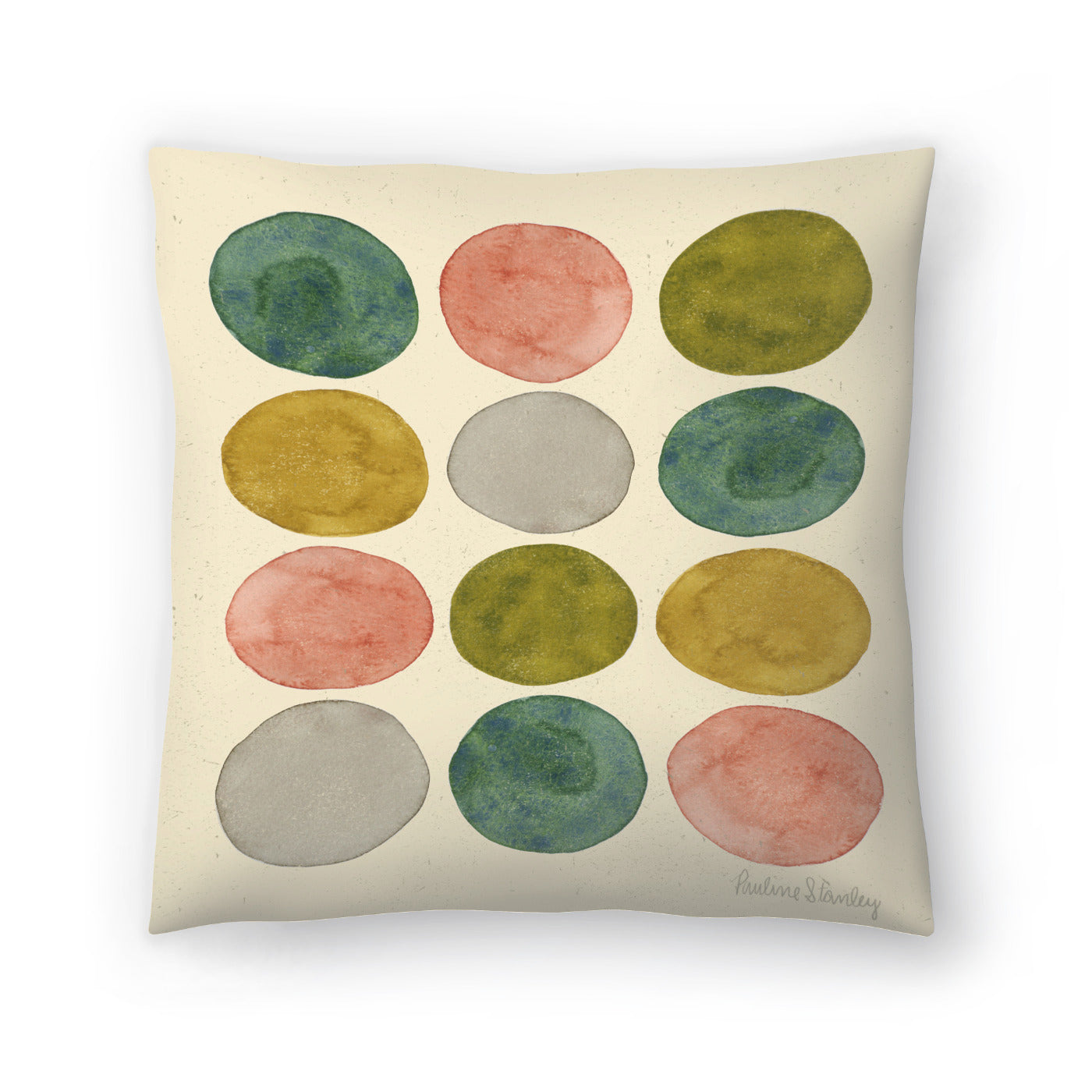 Pillow - Watercolor Dots Pink Green Ochre By Pauline Stanley