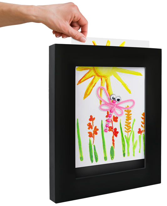 Slide In Kids Art Frame with 8.5x11 Picture Frame Opening for Children Art Projects in Black Engineered Wood