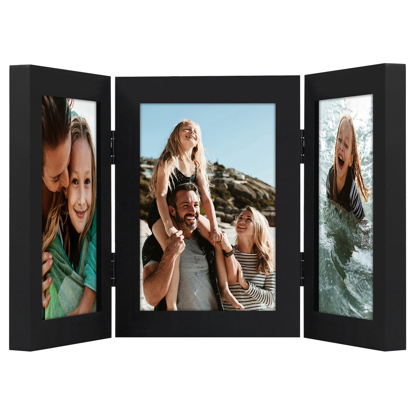 Hinged 3 Photo Picture Frame - Tri Folding Picture Frame For Desk - Displays 3 Photos with Shatter-Resistant Glass Covers