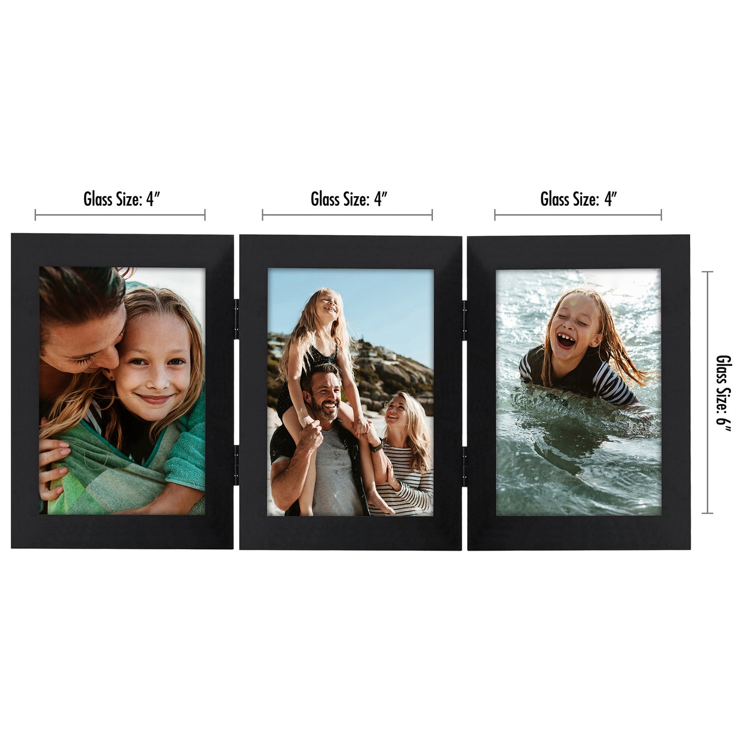 Hinged 3 Photo Picture Frame - Tri Folding Picture Frame For Desk - Displays 3 Photos with Shatter-Resistant Glass Covers