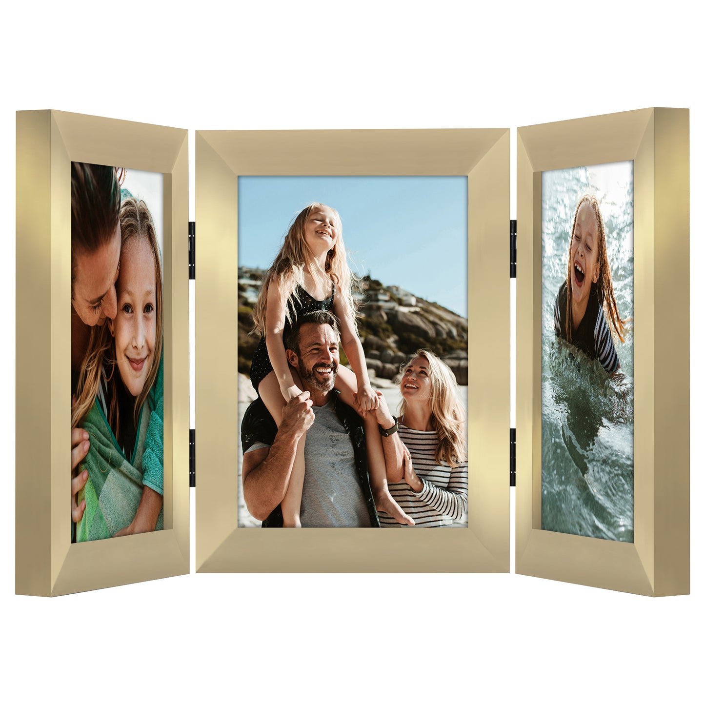 Hinged 3 Photo Picture Frame - Tri Folding Picture Frame For Desk - Displays 3 Photos with Shatter-Resistant Glass Covers