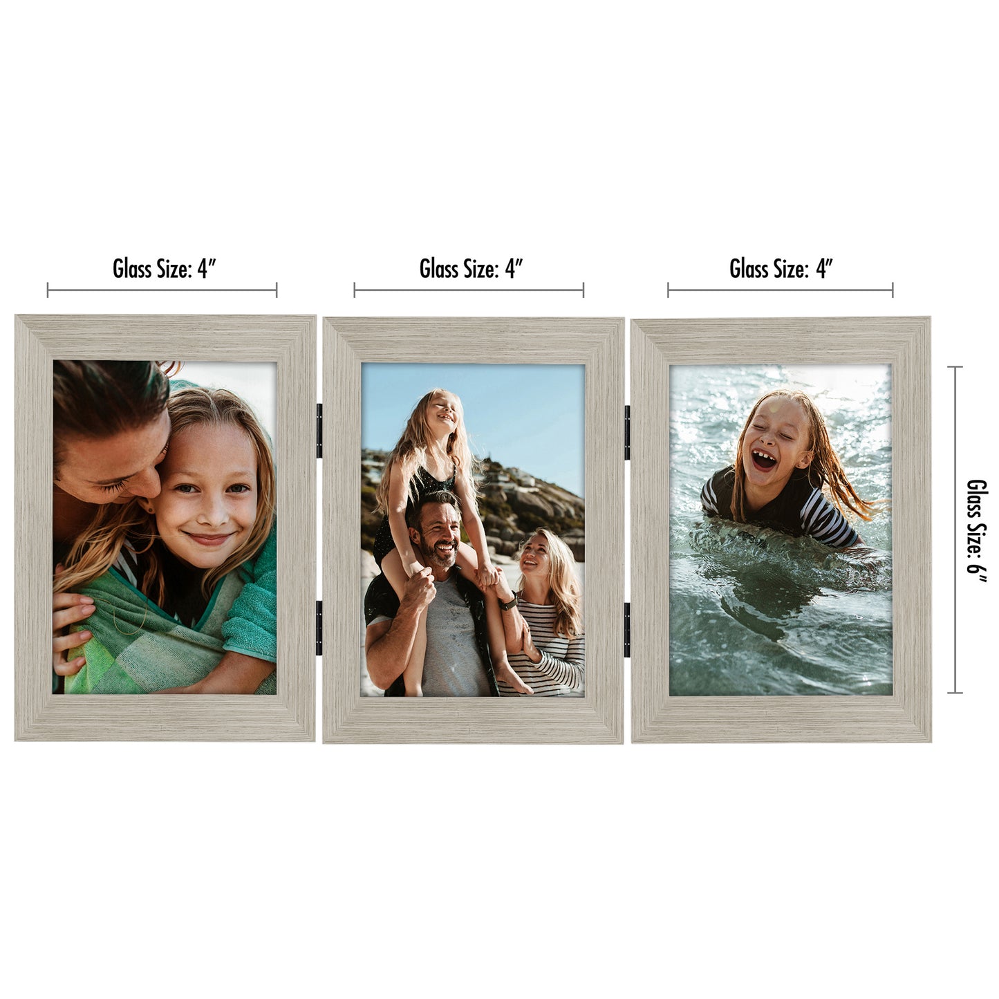 Hinged 3 Photo Picture Frame - Tri Folding Picture Frame For Desk - Displays 3 Photos with Shatter-Resistant Glass Covers