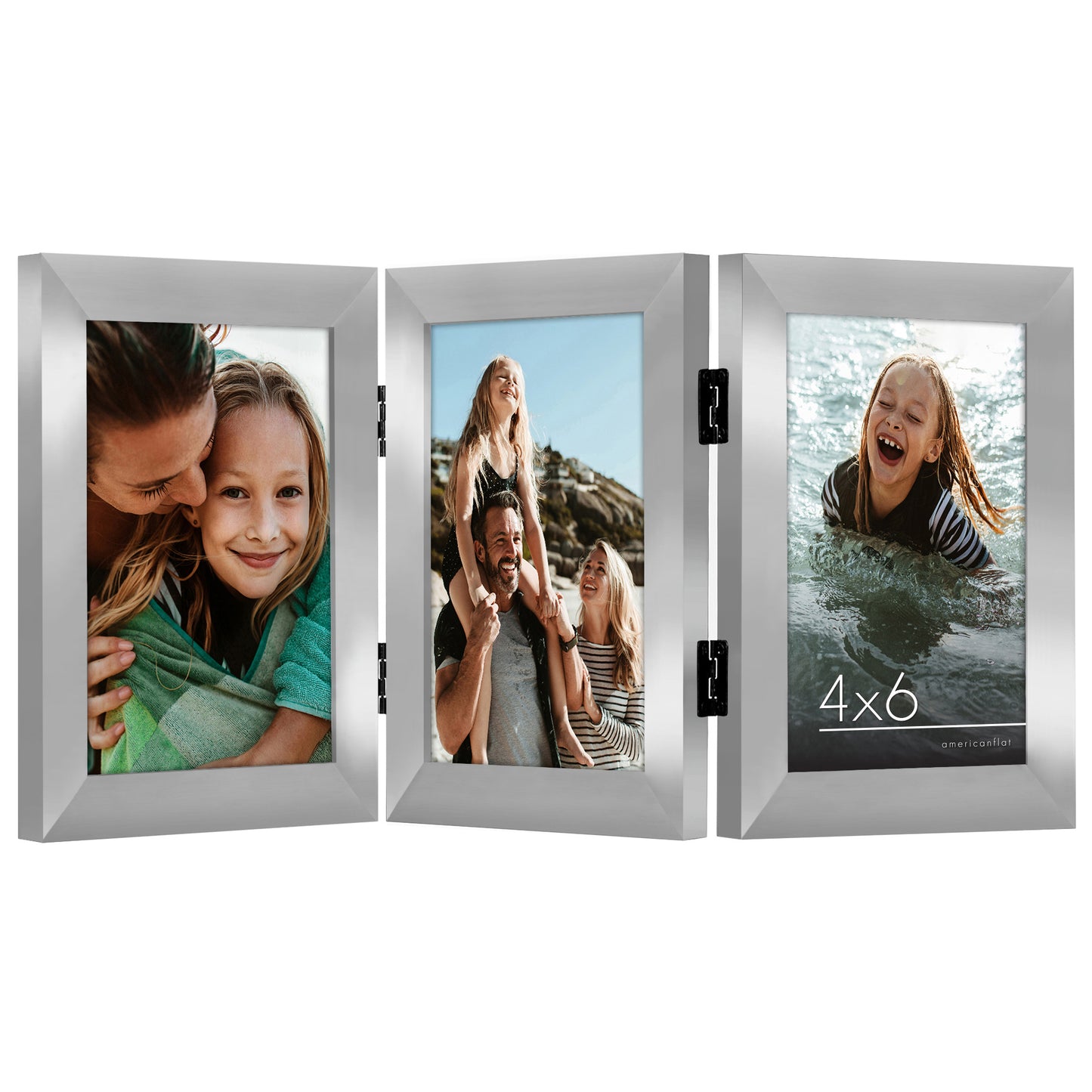 Hinged 3 Photo Picture Frame - Tri Folding Picture Frame For Desk - Displays 3 Photos with Shatter-Resistant Glass Covers