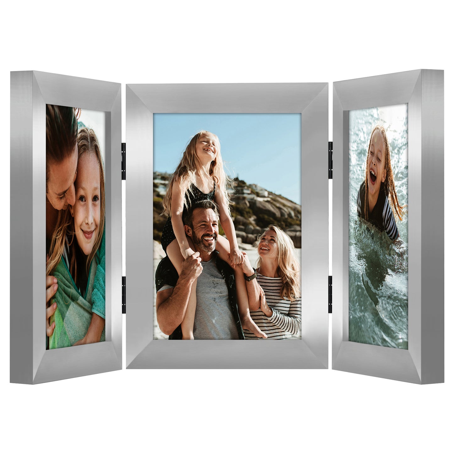 Hinged 3 Photo Picture Frame - Tri Folding Picture Frame For Desk - Displays 3 Photos with Shatter-Resistant Glass Covers