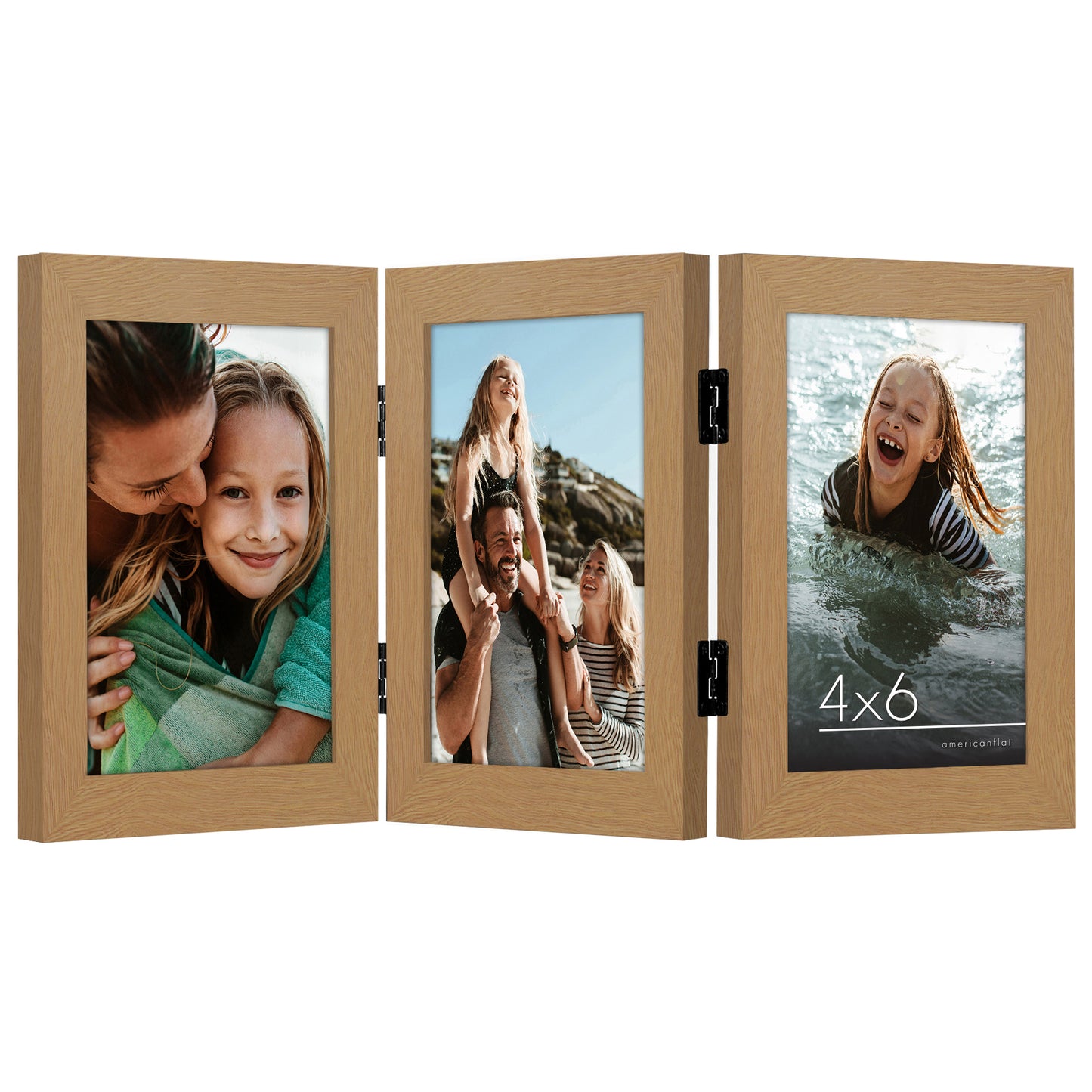 Hinged 3 Photo Picture Frame - Tri Folding Picture Frame For Desk - Displays 3 Photos with Shatter-Resistant Glass Covers