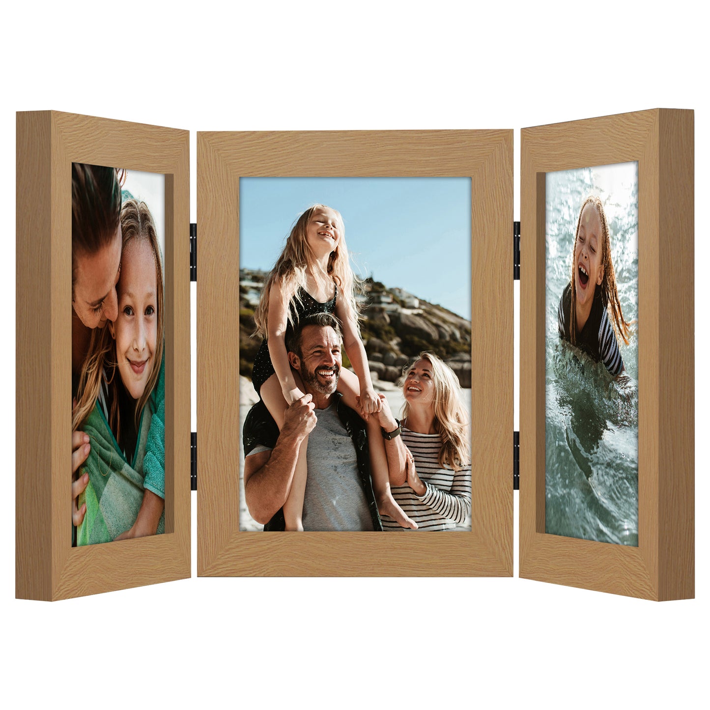 Hinged 3 Photo Picture Frame - Tri Folding Picture Frame For Desk - Displays 3 Photos with Shatter-Resistant Glass Covers