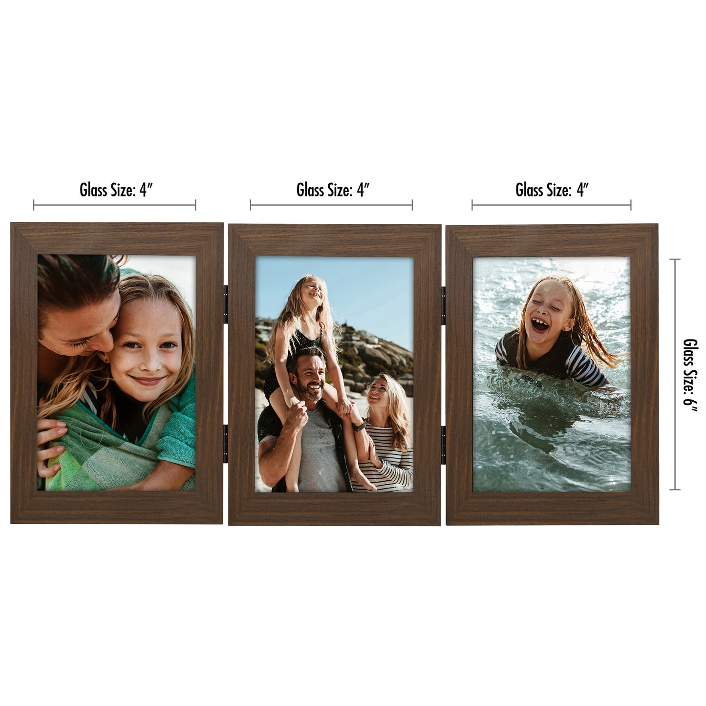 Hinged 3 Photo Picture Frame - Tri Folding Picture Frame For Desk - Displays 3 Photos with Shatter-Resistant Glass Covers