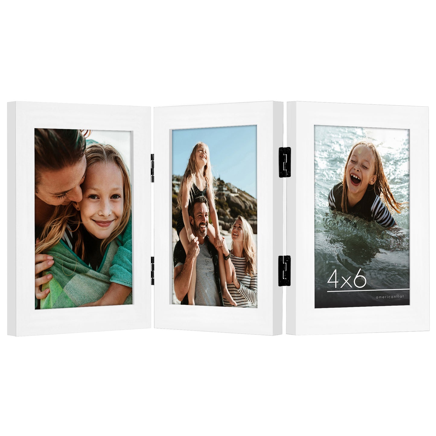 Hinged 3 Photo Picture Frame - Tri Folding Picture Frame For Desk - Displays 3 Photos with Shatter-Resistant Glass Covers