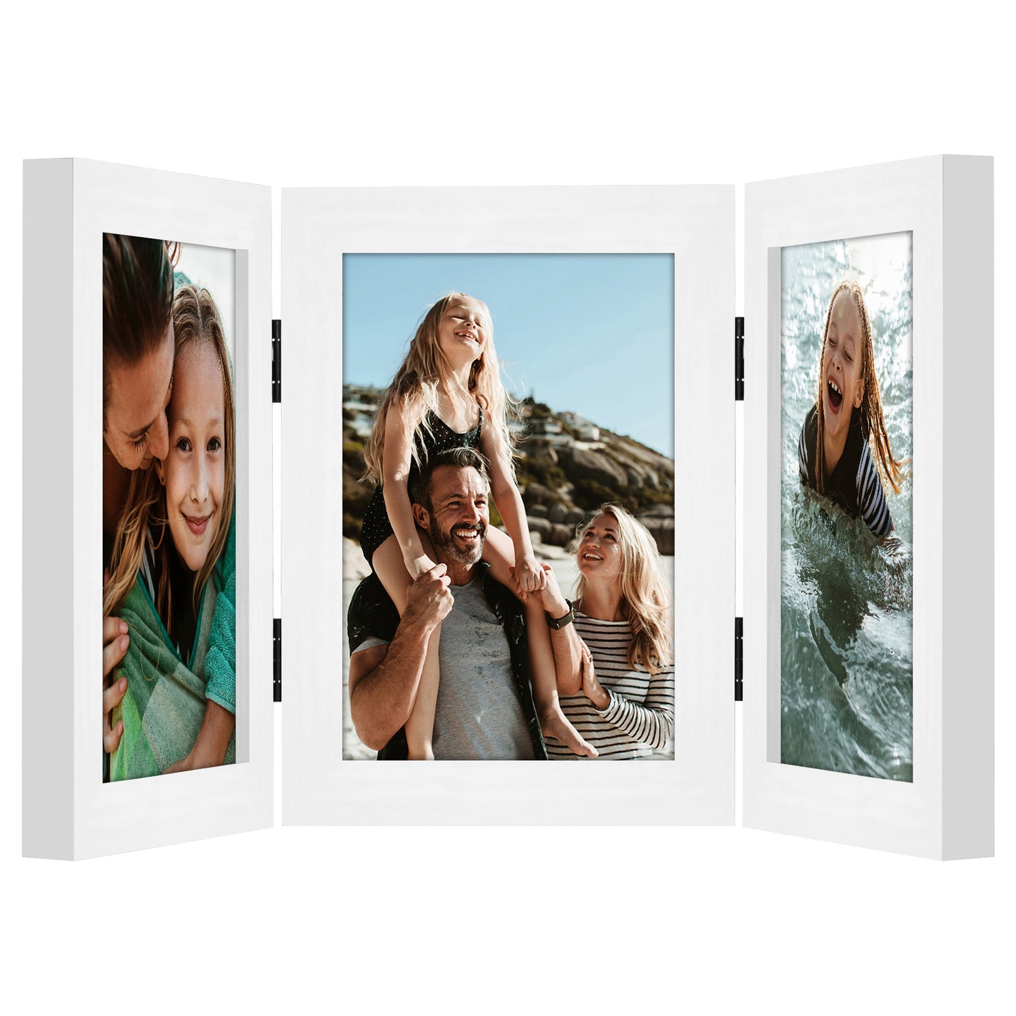 Hinged 3 Photo Picture Frame - Tri Folding Picture Frame For Desk - Displays 3 Photos with Shatter-Resistant Glass Covers