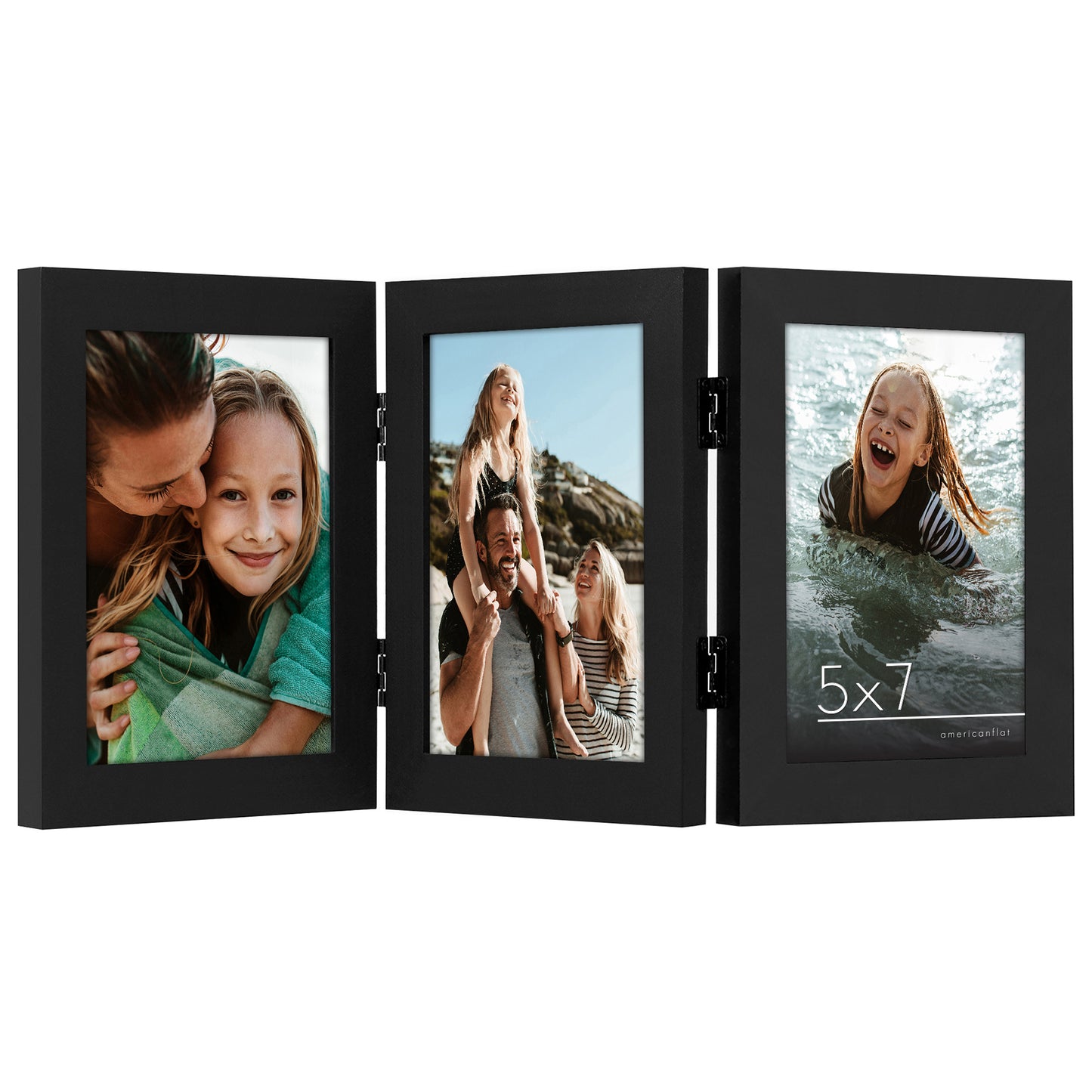 Hinged 3 Photo Picture Frame - Tri Folding Picture Frame For Desk - Displays 3 Photos with Shatter-Resistant Glass Covers