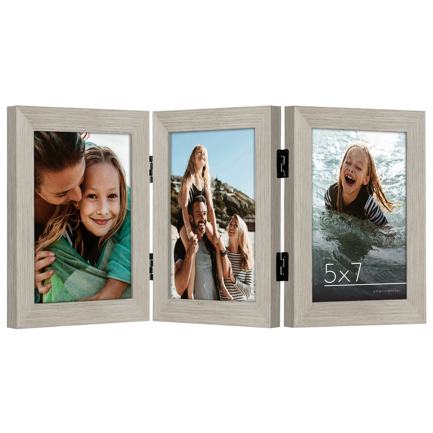 Hinged 3 Photo Picture Frame - Tri Folding Picture Frame For Desk - Displays 3 Photos with Shatter-Resistant Glass Covers