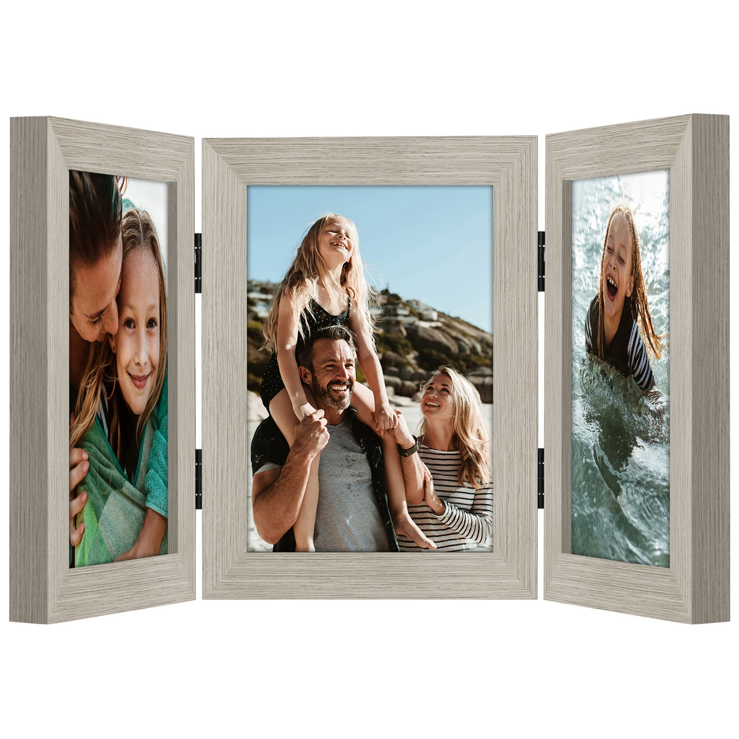 Hinged 3 Photo Picture Frame - Tri Folding Picture Frame For Desk - Displays 3 Photos with Shatter-Resistant Glass Covers