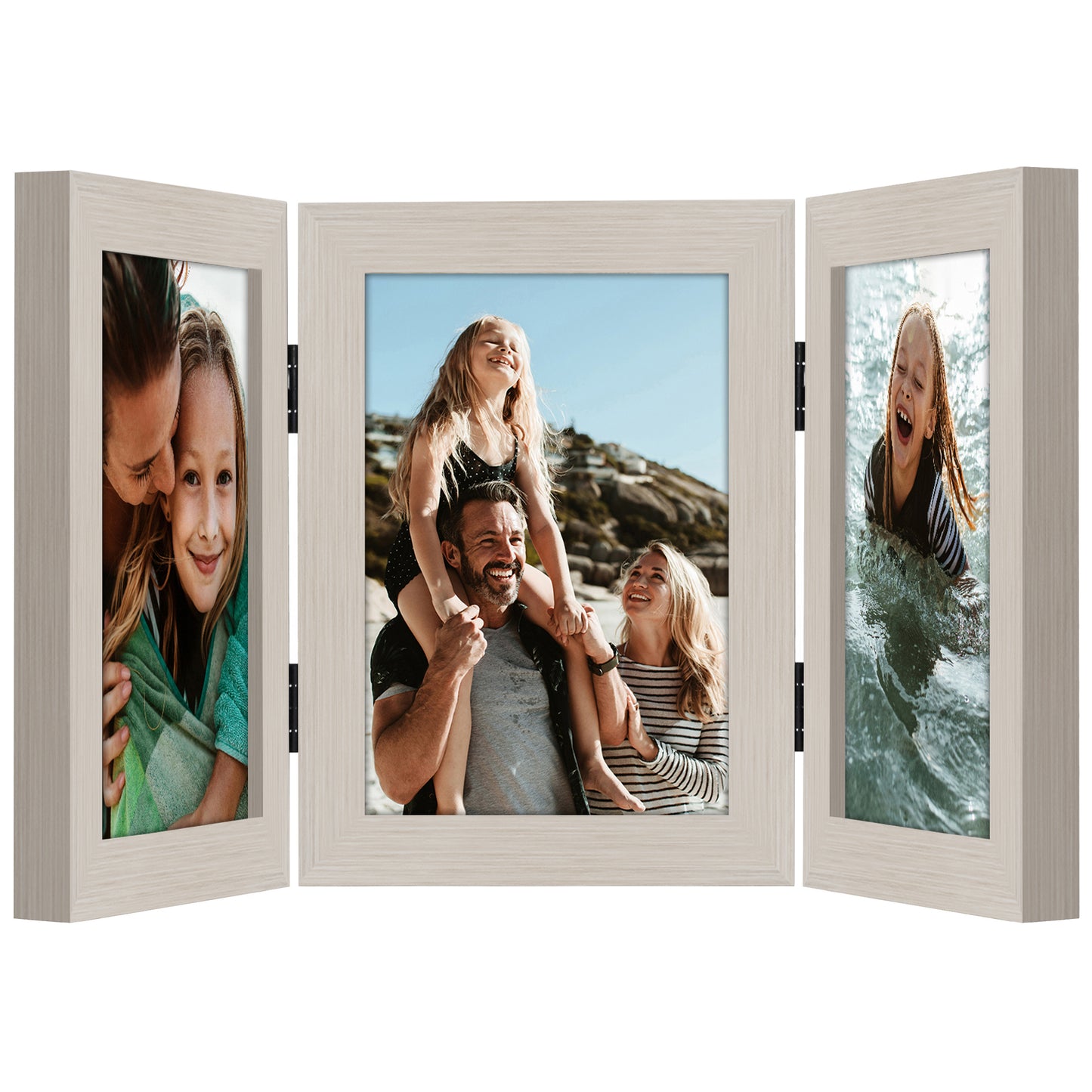 Hinged 3 Photo Picture Frame - Tri Folding Picture Frame For Desk - Displays 3 Photos with Shatter-Resistant Glass Covers