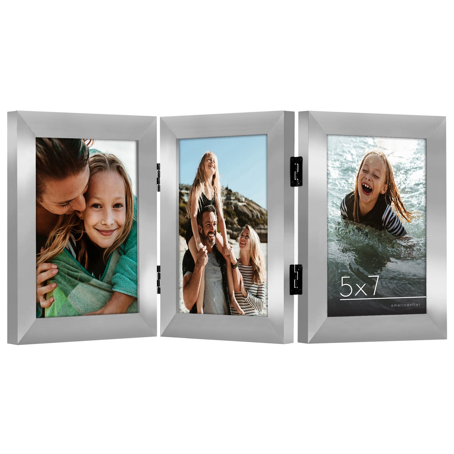 Hinged 3 Photo Picture Frame - Tri Folding Picture Frame For Desk - Displays 3 Photos with Shatter-Resistant Glass Covers