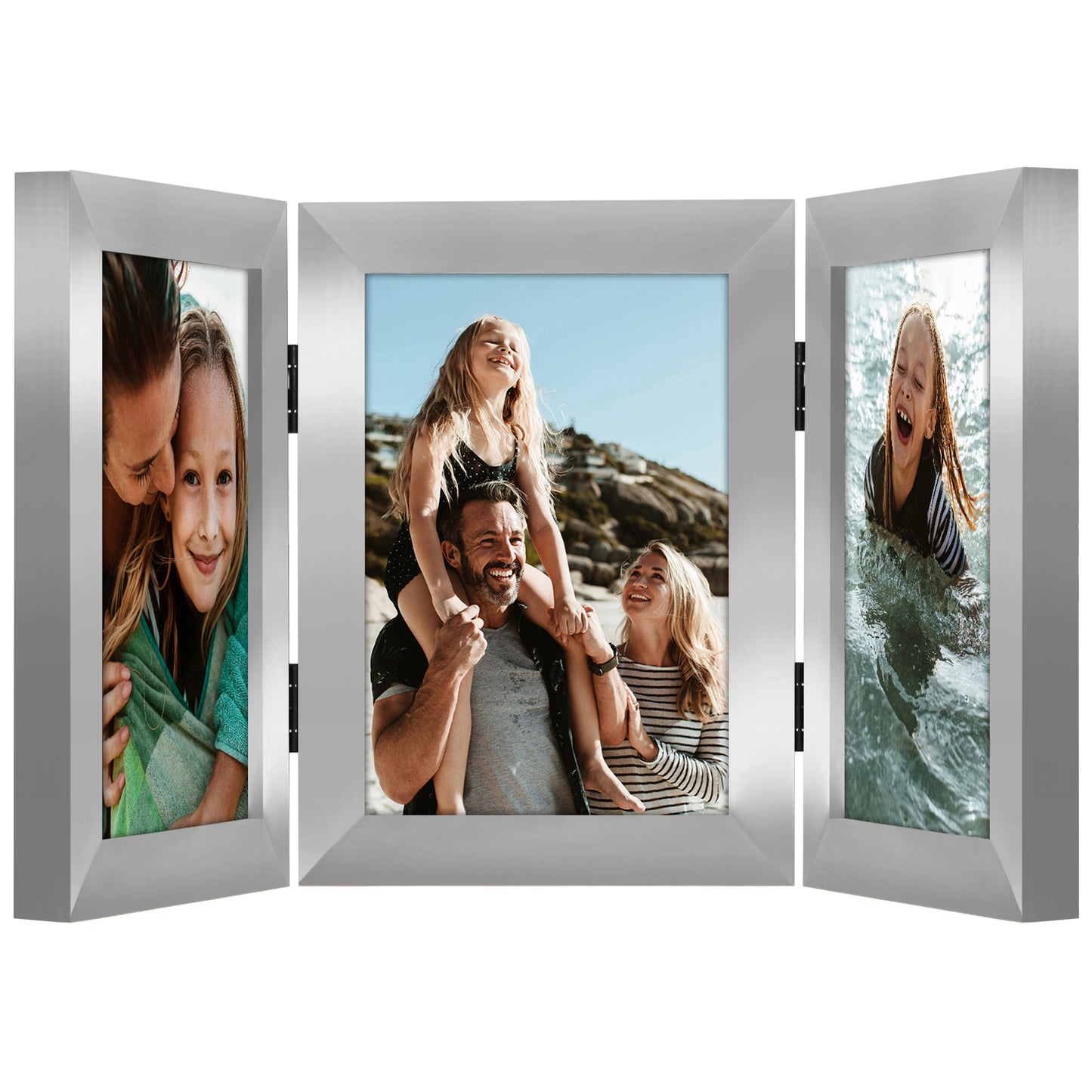 Hinged 3 Photo Picture Frame - Tri Folding Picture Frame For Desk - Displays 3 Photos with Shatter-Resistant Glass Covers