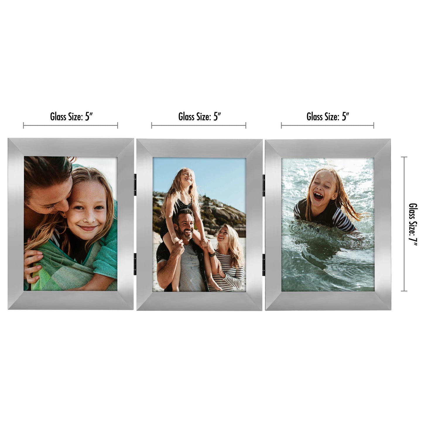 Hinged 3 Photo Picture Frame - Tri Folding Picture Frame For Desk - Displays 3 Photos with Shatter-Resistant Glass Covers