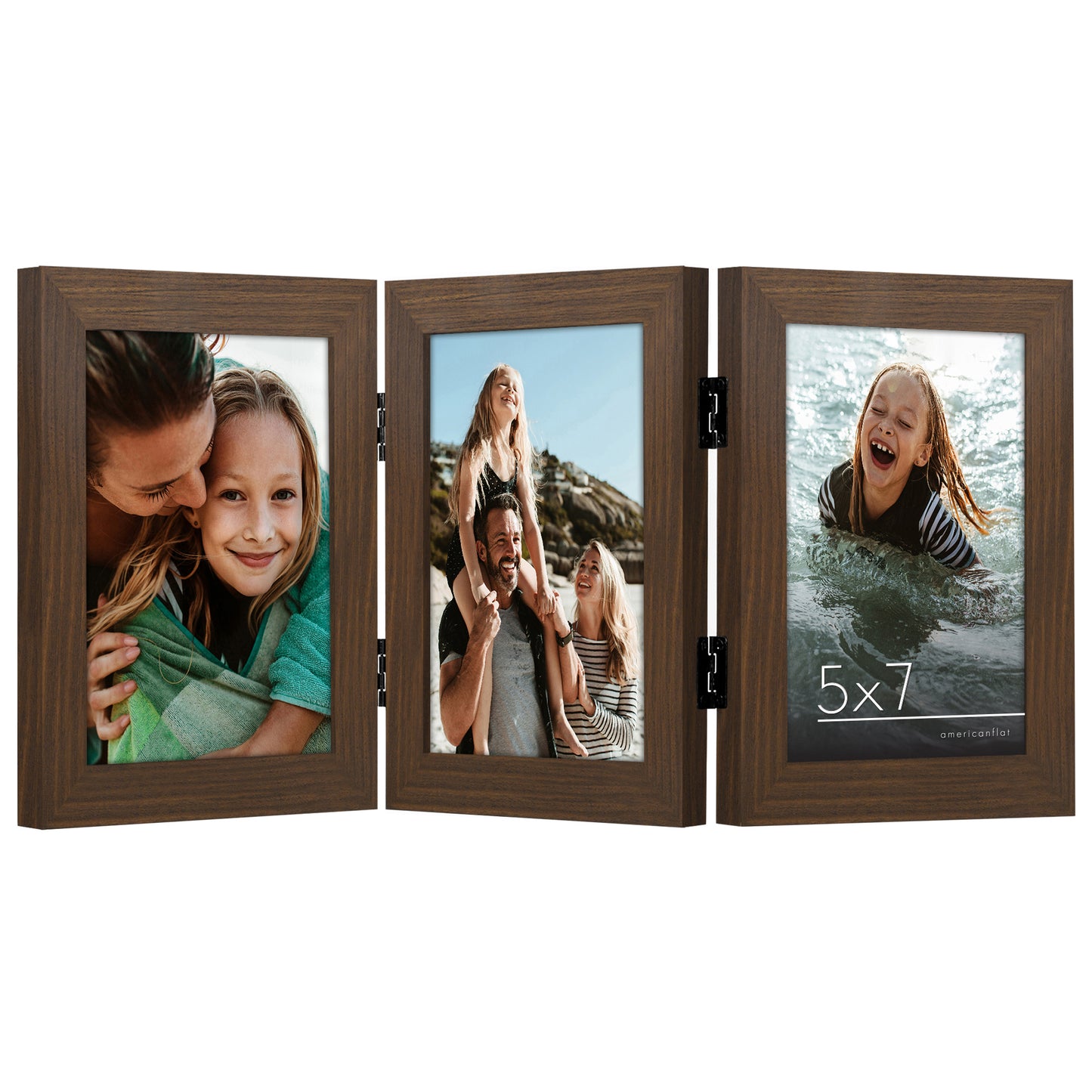 Hinged 3 Photo Picture Frame - Tri Folding Picture Frame For Desk - Displays 3 Photos with Shatter-Resistant Glass Covers