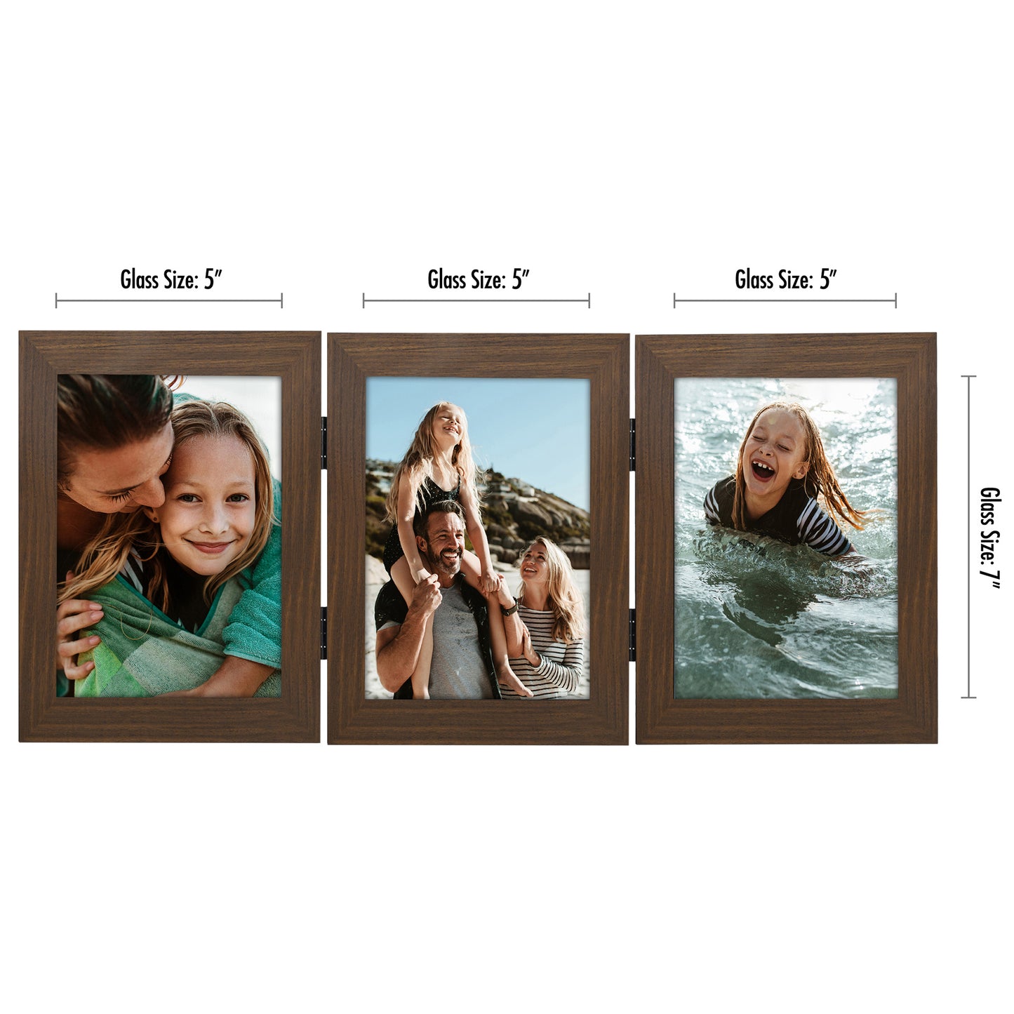 Hinged 3 Photo Picture Frame - Tri Folding Picture Frame For Desk - Displays 3 Photos with Shatter-Resistant Glass Covers