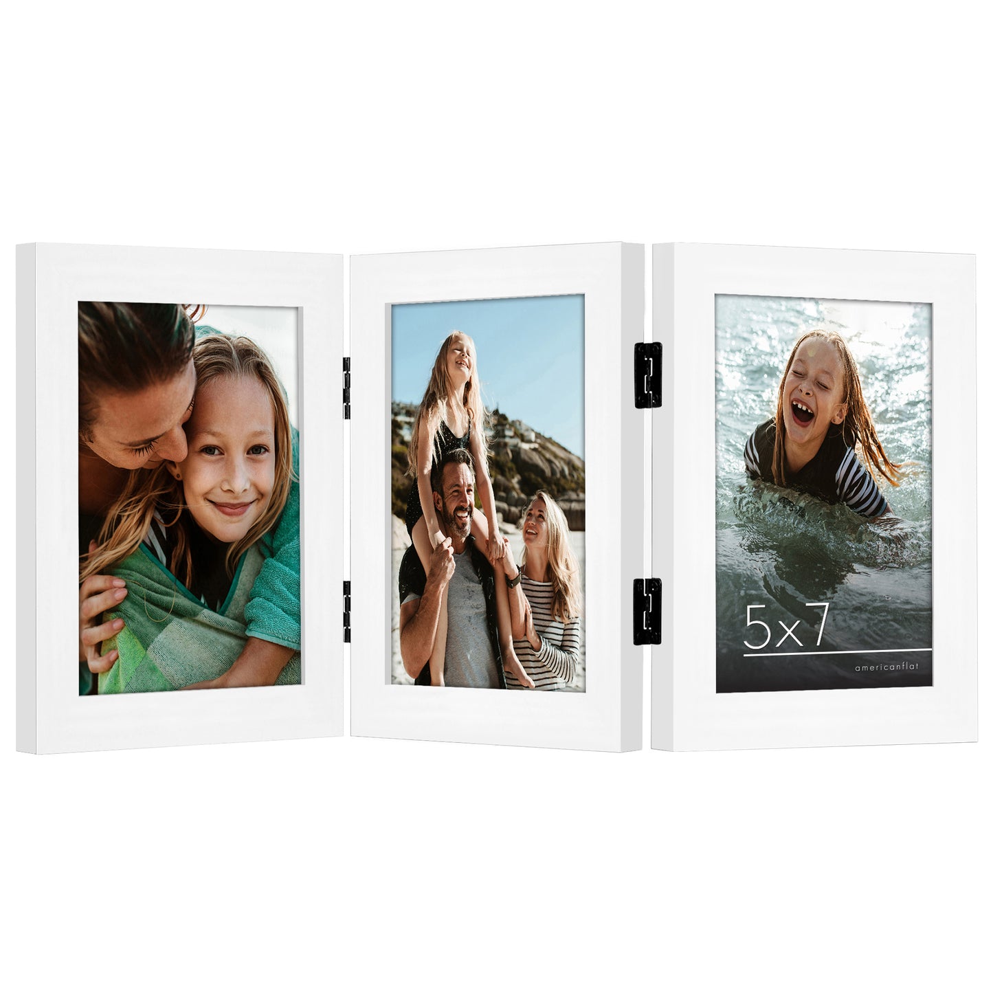 Hinged 3 Photo Picture Frame - Tri Folding Picture Frame For Desk - Displays 3 Photos with Shatter-Resistant Glass Covers