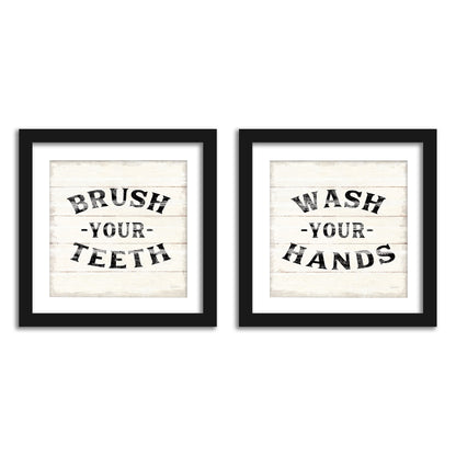  Wash Your Hands Brush Your Teeth Bathroom Wall Art - Set of 2 Framed Prints by Wild Apple