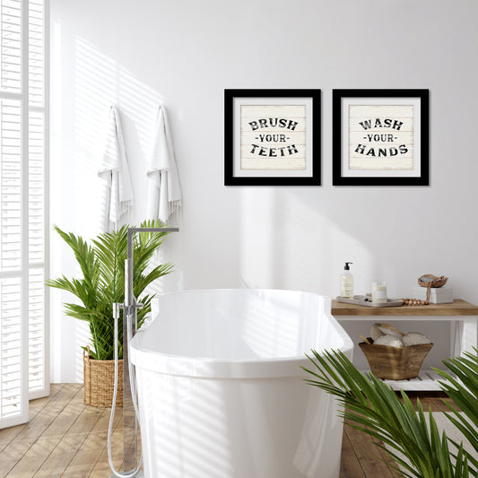 Wash Your Hands Brush Your Teeth Bathroom Wall Art - Set of 2 Framed Prints by Wild Apple - Americanflat