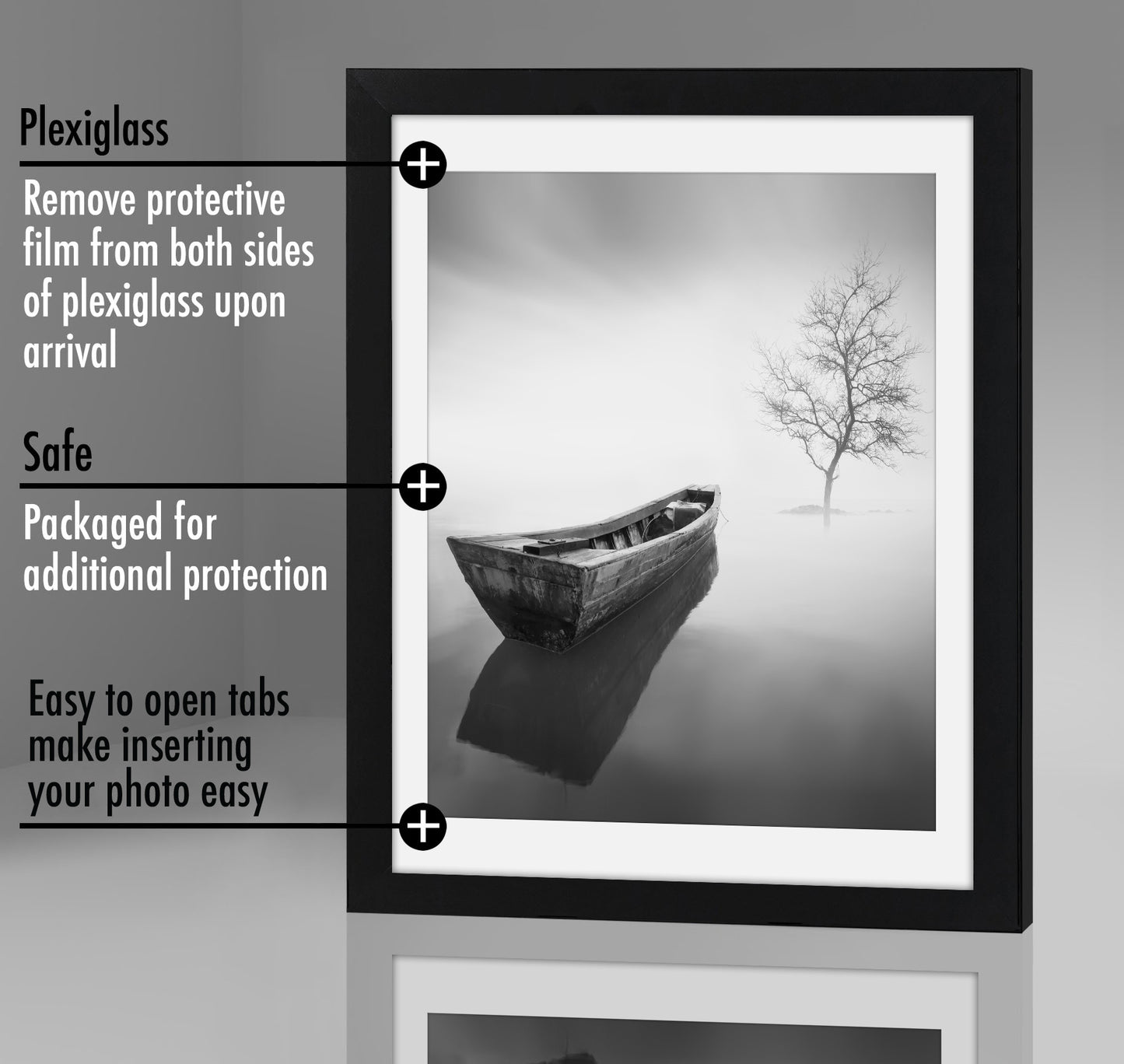 Black Poster Frame with Mat | Plexiglass Cover | Choose Size