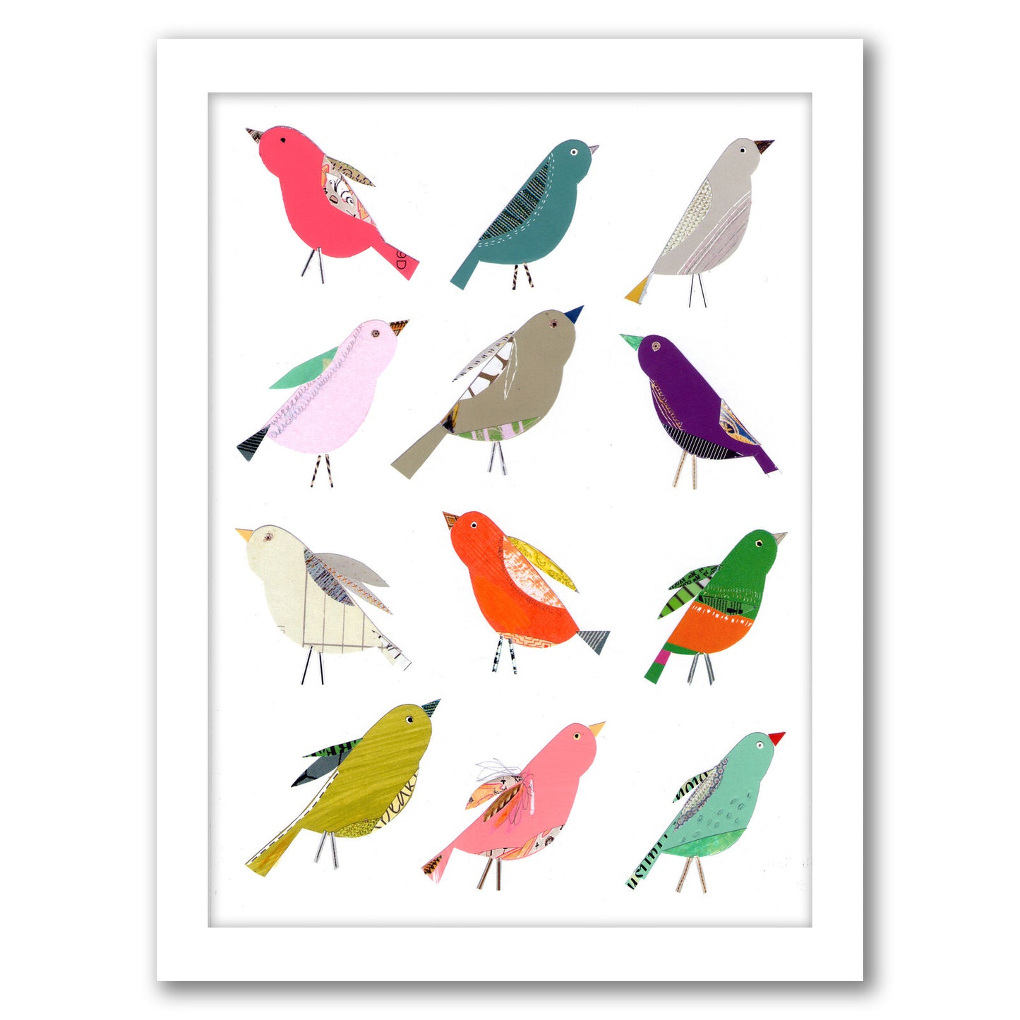 Twelve Collaged Birds By Liz And Kate Pope - White Framed Print