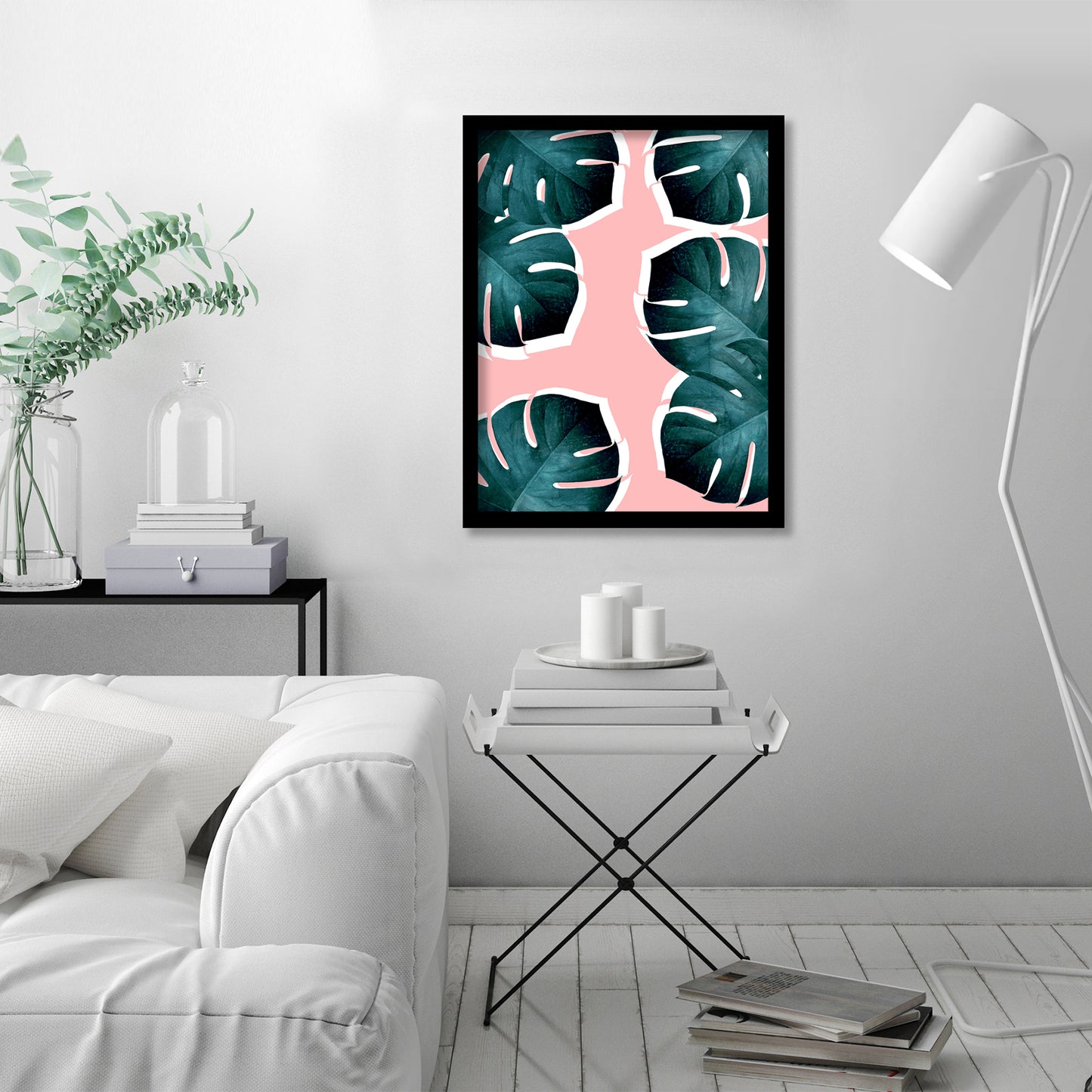 Monstera Leaves On Pink by Emanuela Carratoni - Framed Print