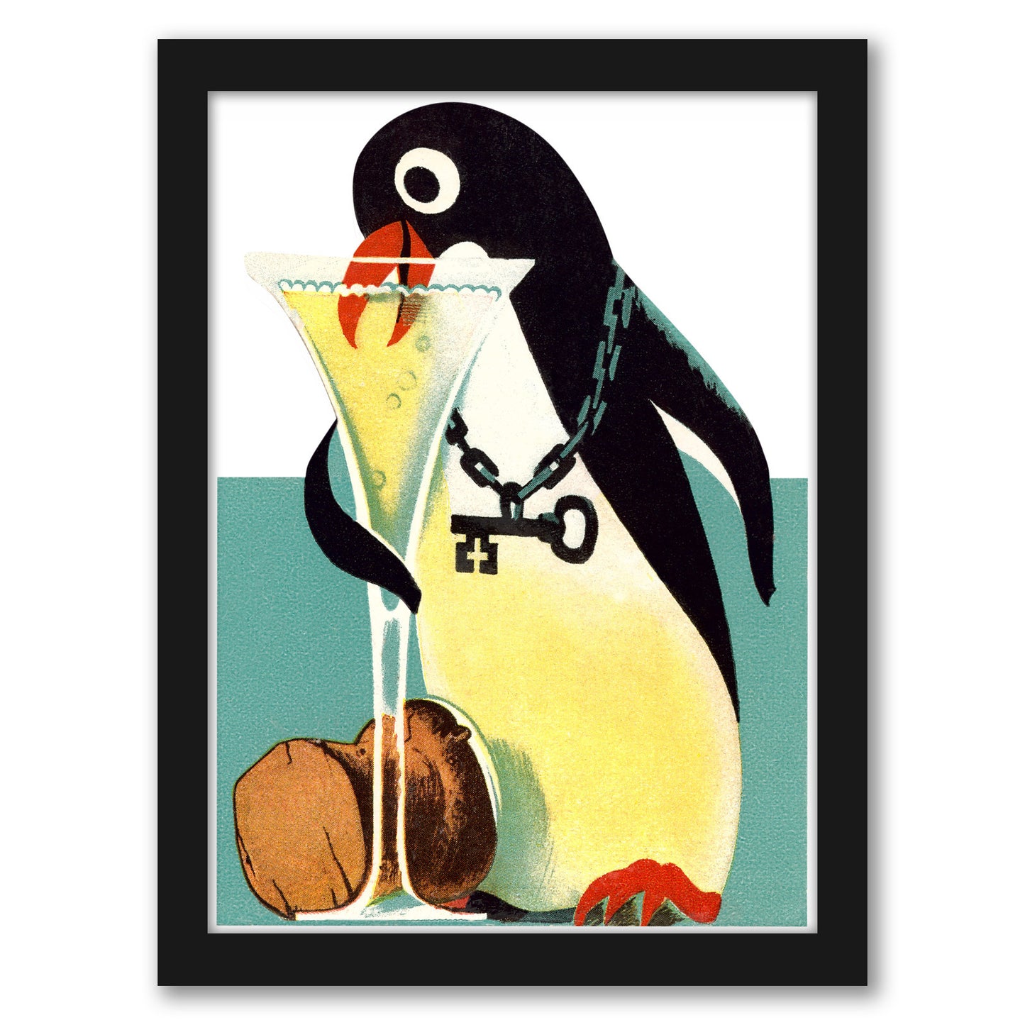 Penguin With Key Drinking Champagne by Found Image Press - Framed Print