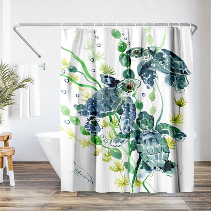 71" x 74" Decorative Shower Curtain with 12 Hooks, Three Sea Turtles by Suren Nersisyan