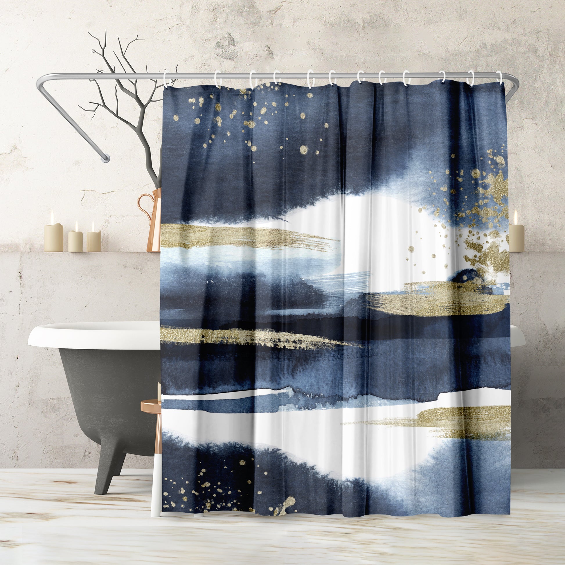 71 x 74 Decorative Shower Curtain with 12 Hooks, Abstract Navy Gold –  Americanflat