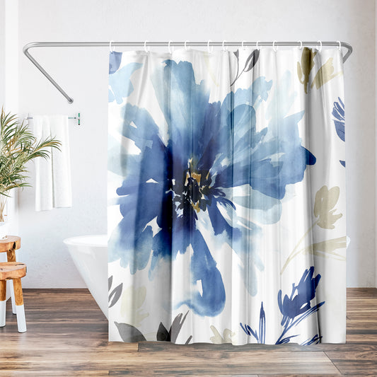 71" x 74" Abstract Shower Curtain with 12 Hooks, Indigo Version Finesse I Indigo Version by Pi Creative Art