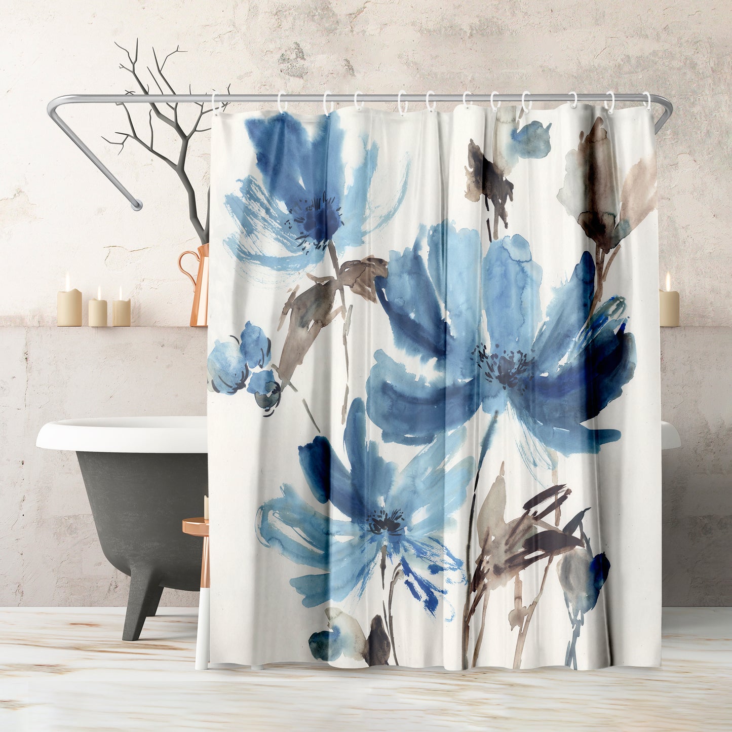 71" x 74" Floral Shower Curtain with 12 Hooks, Blissful Blue by PI Creative Art