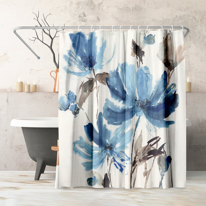 71" x 74" Floral Shower Curtain with 12 Hooks, Blissful Blue by PI Creative Art