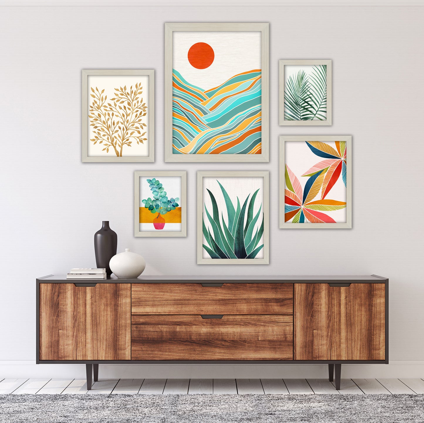 Black and White Modern Tropical Greenery - 6 Piece Framed Gallery Wall Set