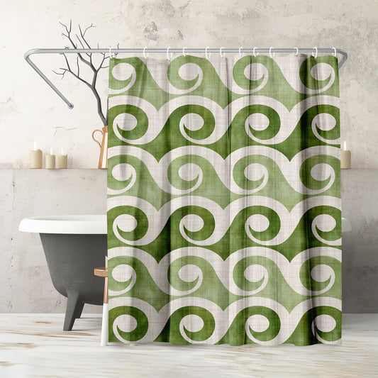 71" x 74" Shower Curtain, Retro Waves In Green by Modern Tropical
