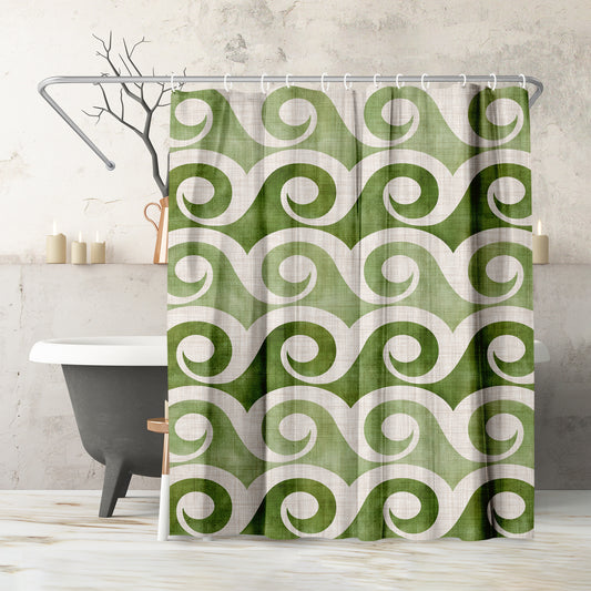 71" x 74" Abstract Shower Curtain with 12 Hooks, Retro Waves In Green by Modern Tropical