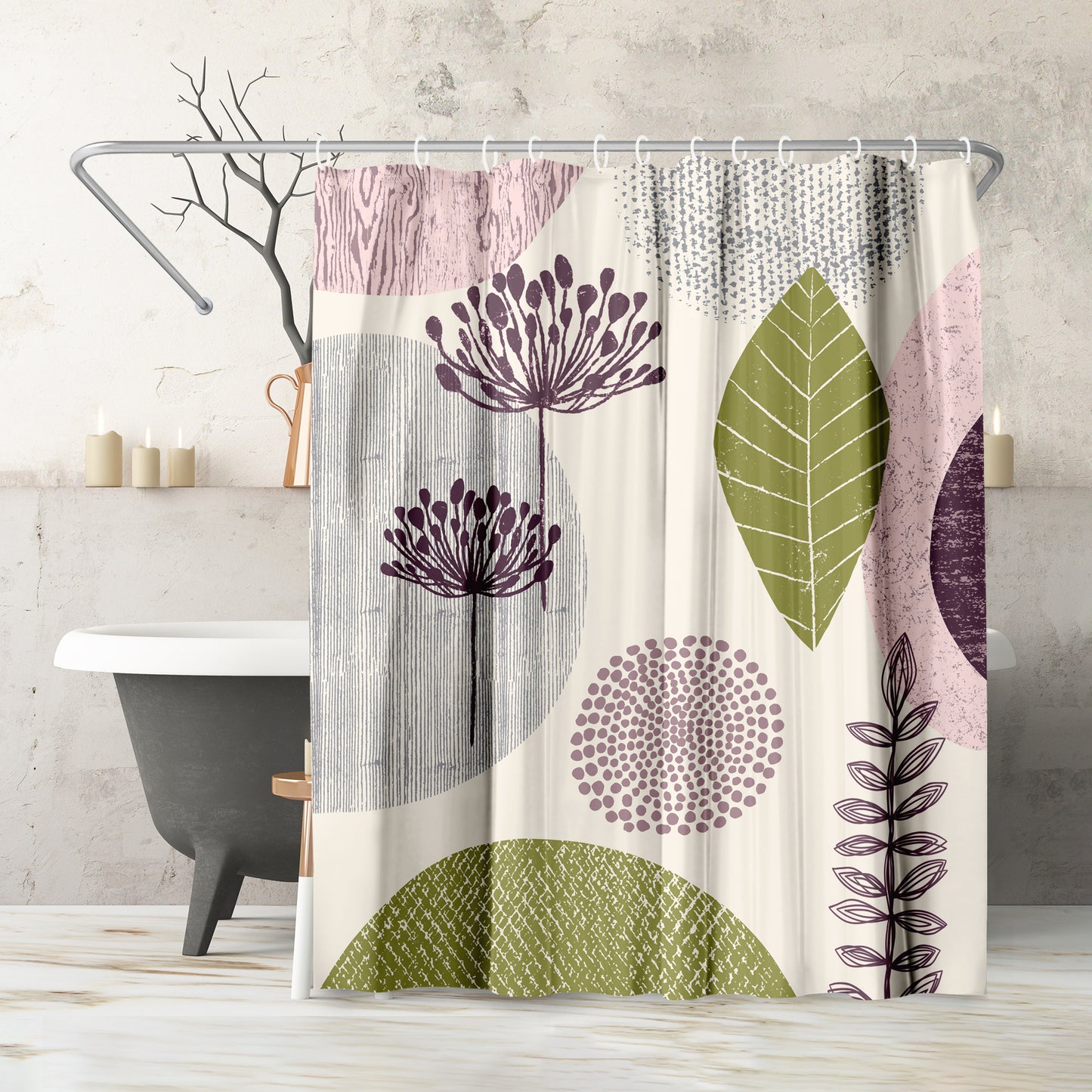 71" x 74" Abstract Shower Curtain with 12 Hooks, Floral Pattern by Lisa Nohren