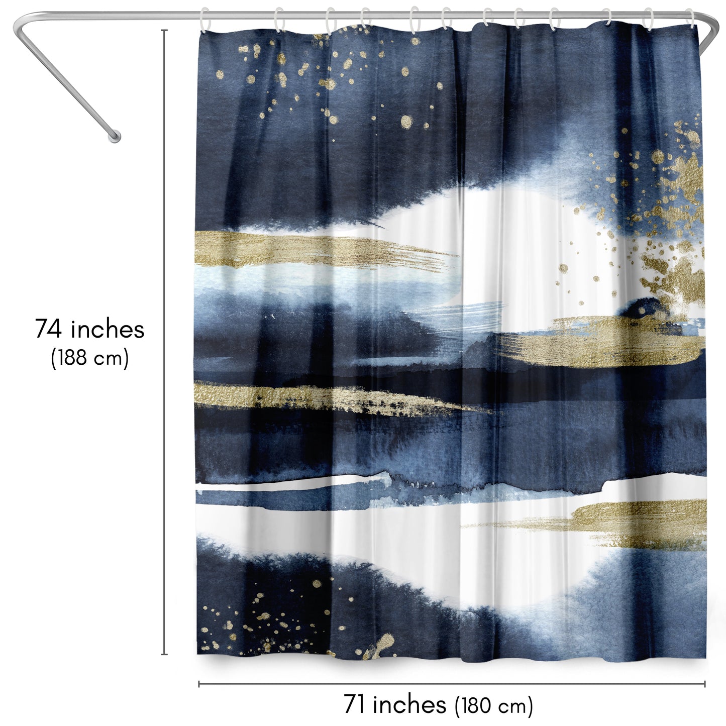 71" x 74" Decorative Shower Curtain with 12 Hooks, Abstract Navy Gold by Lisa Nohren