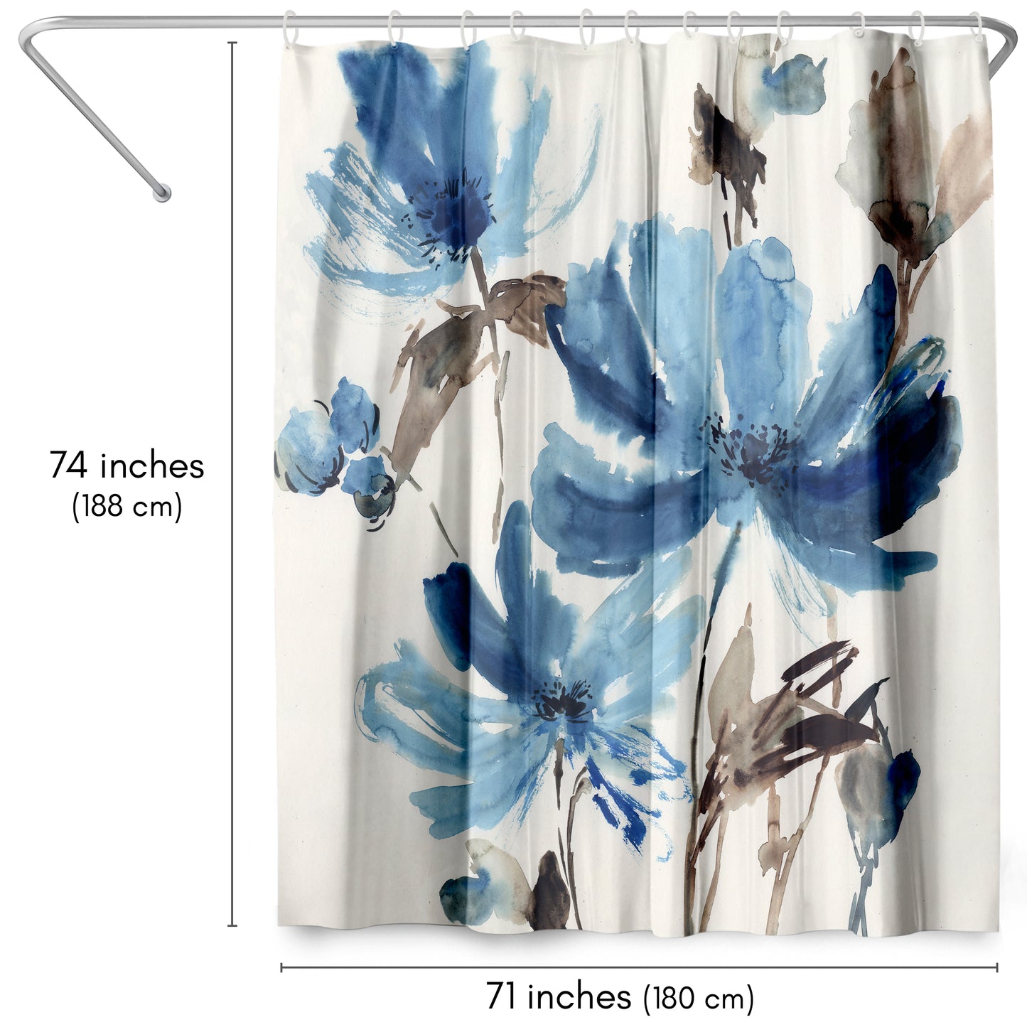 71" x 74" Floral Shower Curtain with 12 Hooks, Blissful Blue by PI Creative Art