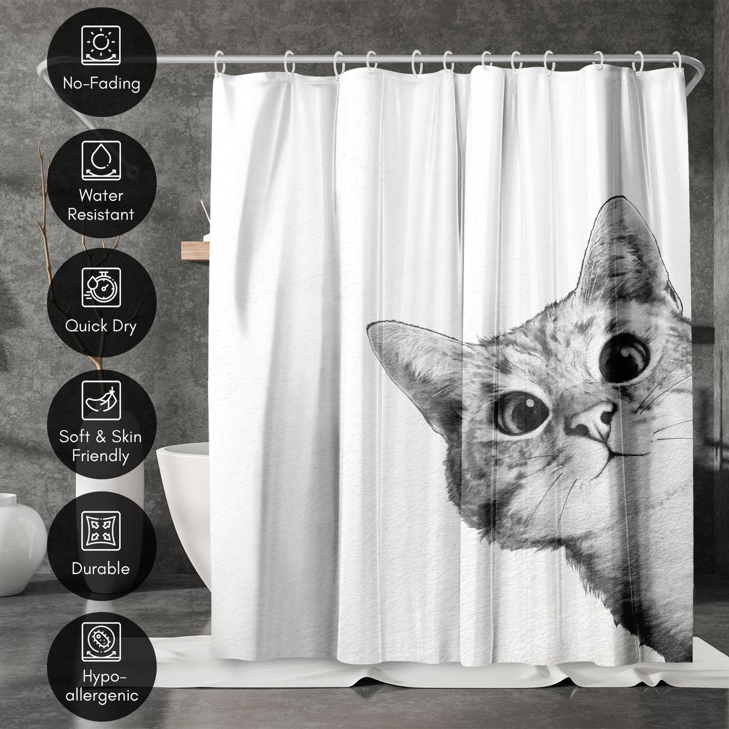 71" x 74" Decorative Shower Curtain with 12 Hooks, Sneaky Cat by Laura Grave