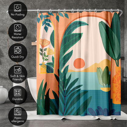 71" x 74" Boho Shower Curtain with 12 Hooks, Ocean View by Modern Tropical