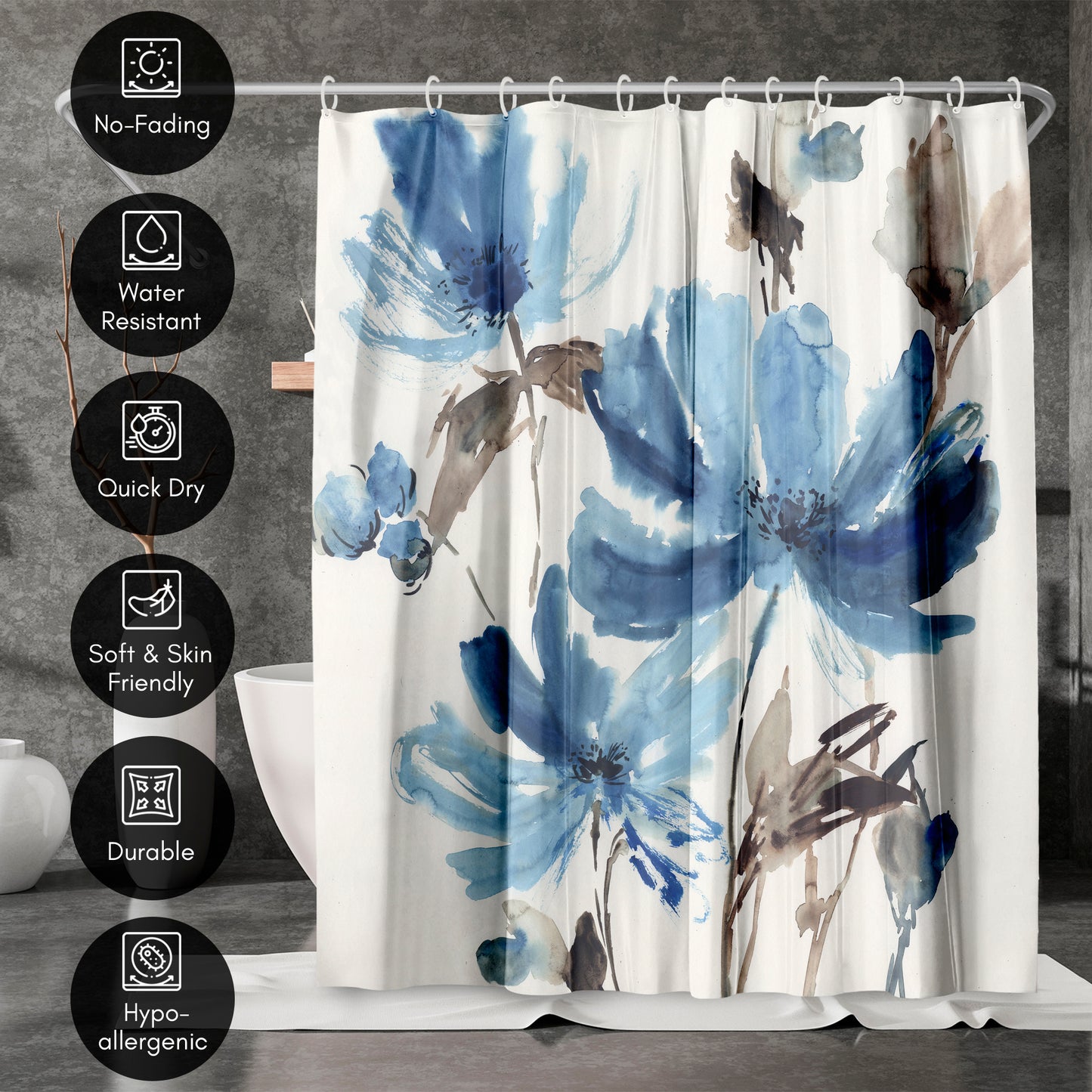 71" x 74" Floral Shower Curtain with 12 Hooks, Blissful Blue by PI Creative Art