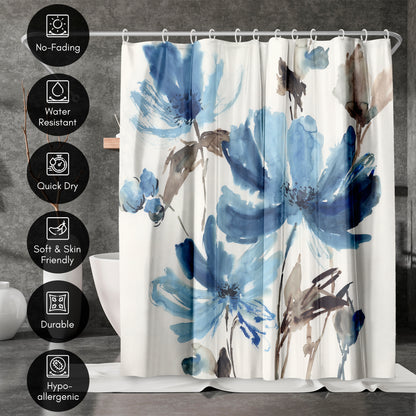 71" x 74" Floral Shower Curtain with 12 Hooks, Blissful Blue by PI Creative Art
